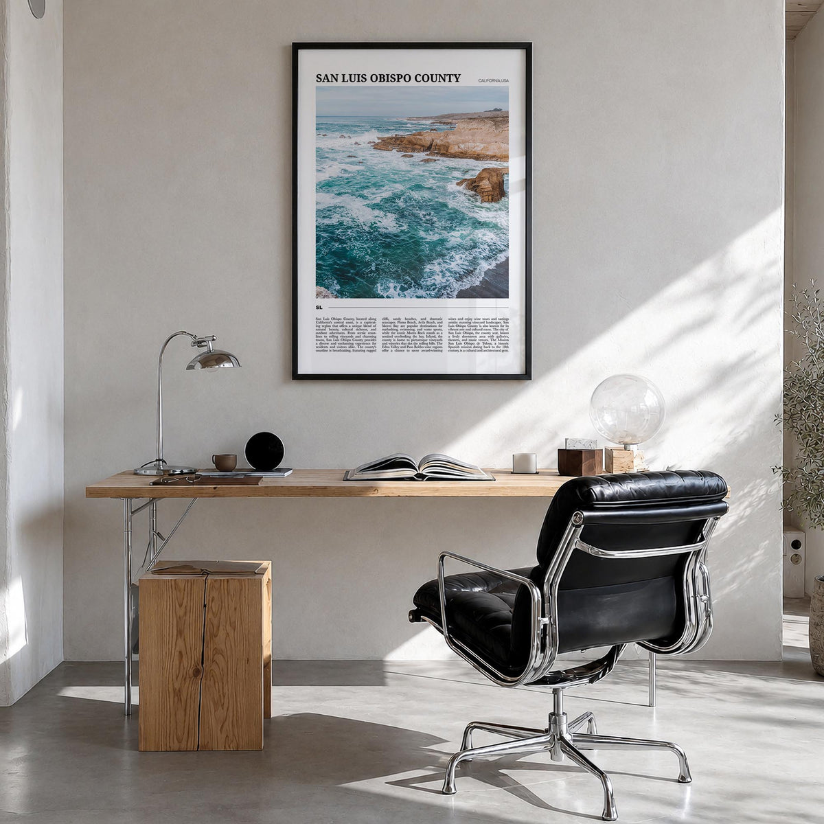 San Luis Obispo County colorful travel poster of California, USA – vertical wall art in black wood frame, hanging on wall