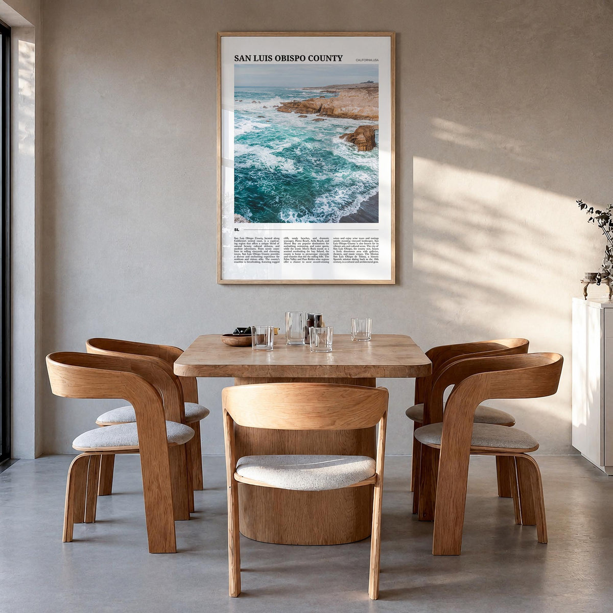 San Luis Obispo County colorful travel poster of California, USA – vertical wall art in natural wood frame, hanging on wall