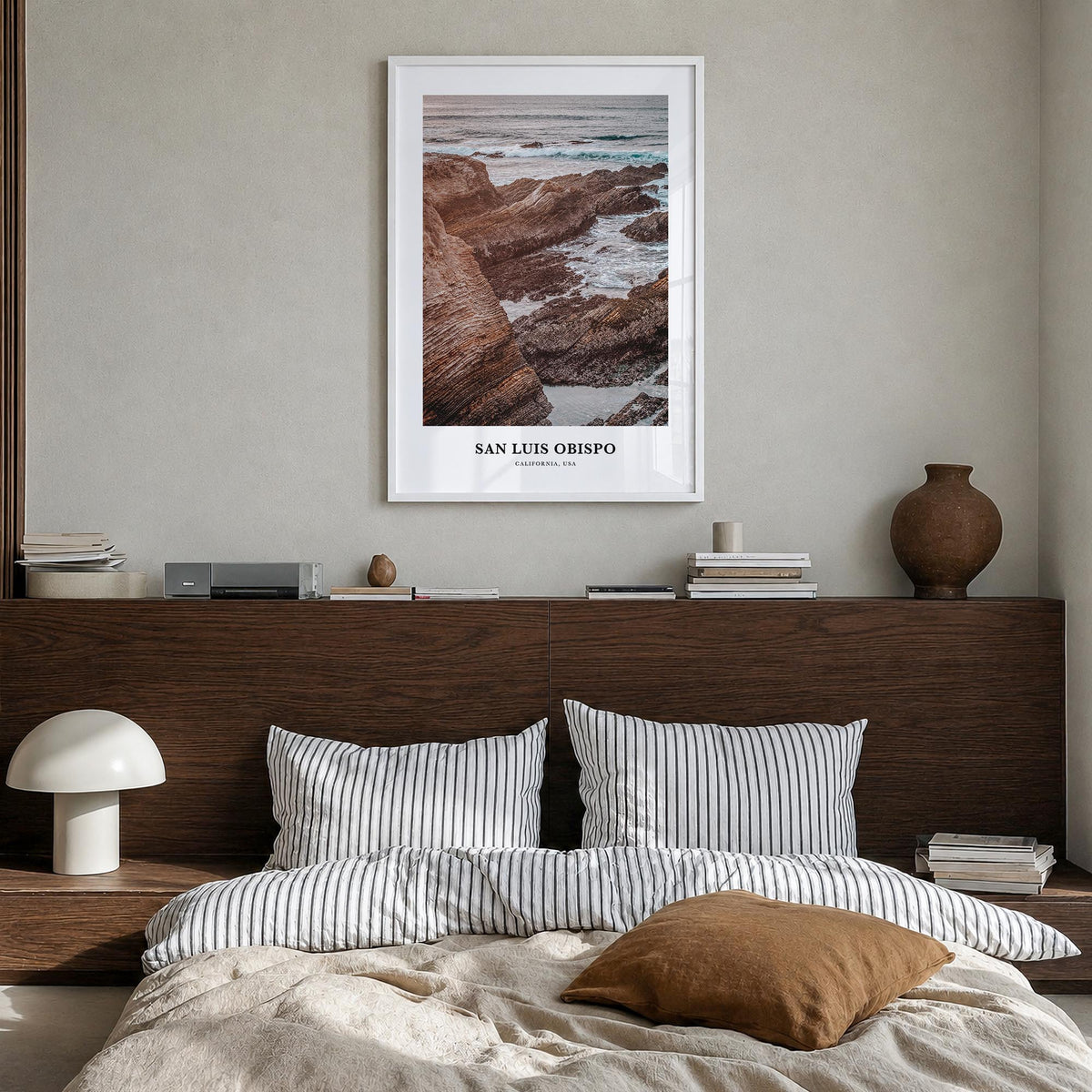 San Luis Obispo no. 1 colorful classic poster of California, USA – vertical wall art in white wood frame, hanging on wall