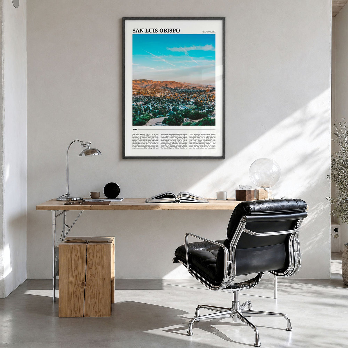 San Luis Obispo Travel No 2 Poster in a black wood frame, hanging in a bright home office