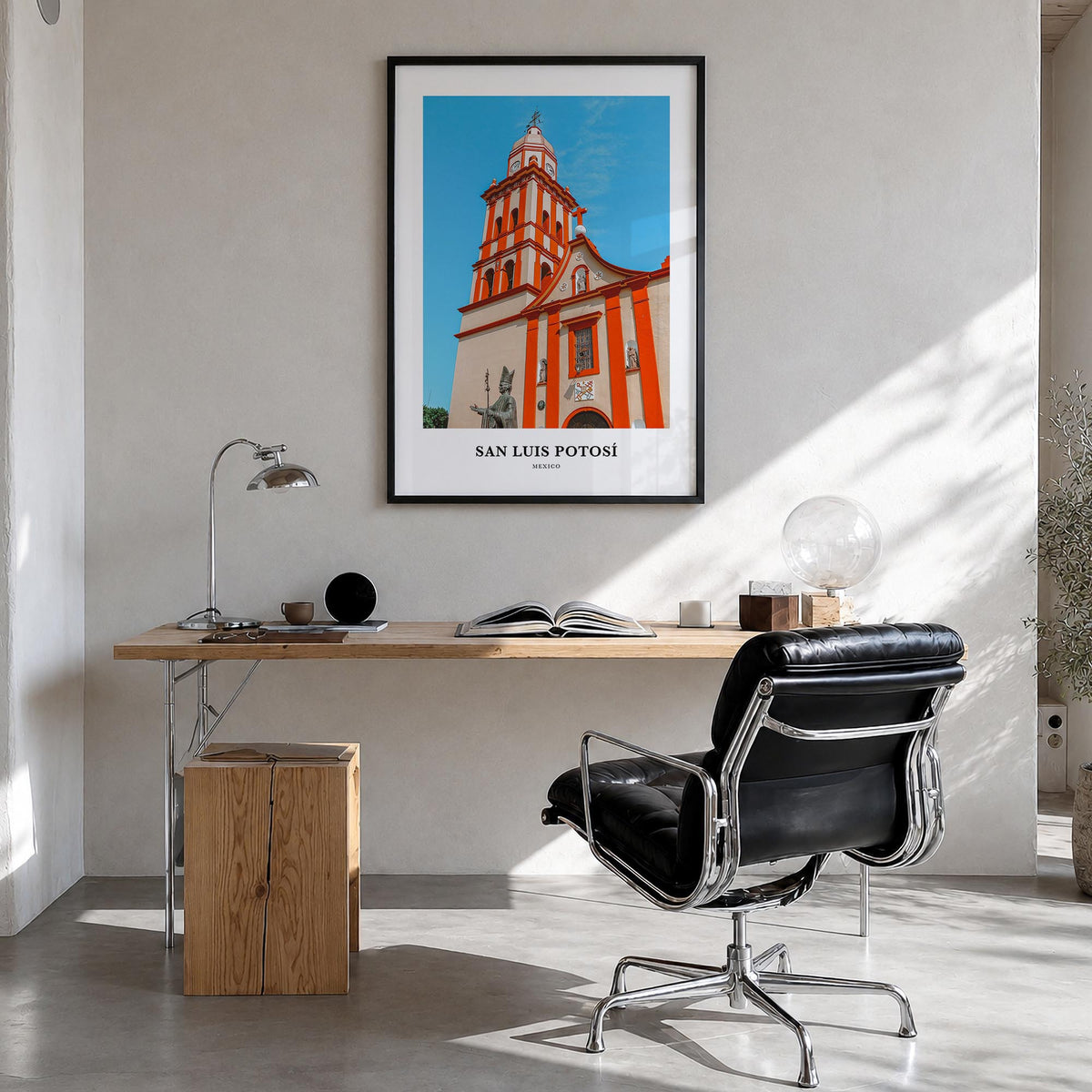 San Luis Potosí colorful classic poster of Mexico – vertical wall art in black wood frame, hanging on wall