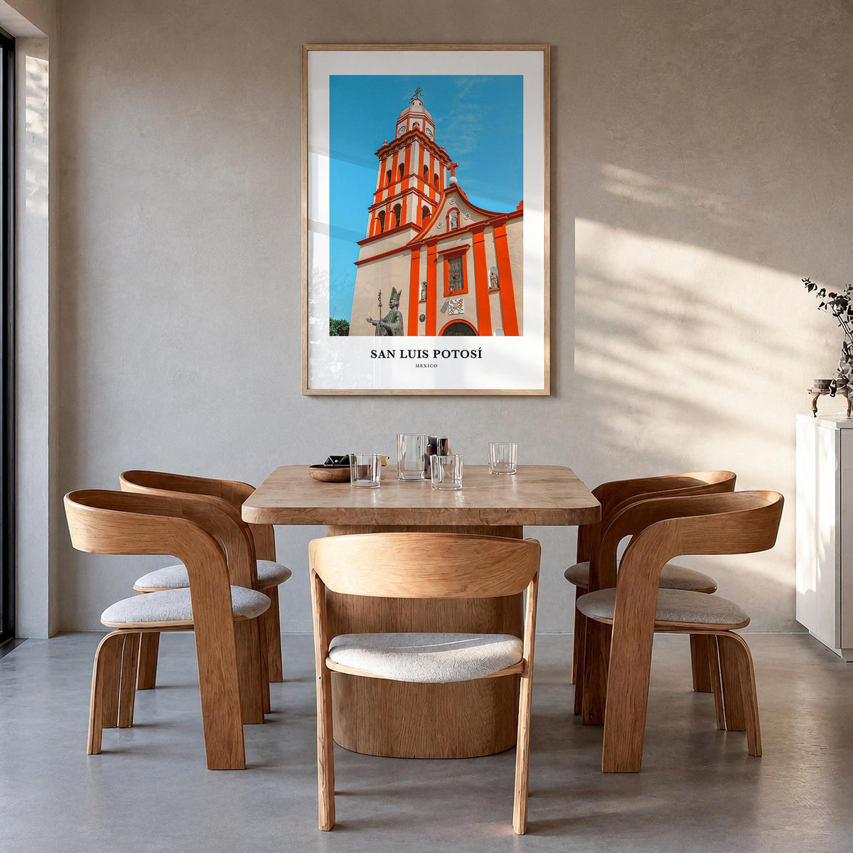 San Luis Potosí colorful classic poster of Mexico – vertical wall art in natural wood frame, hanging on wall