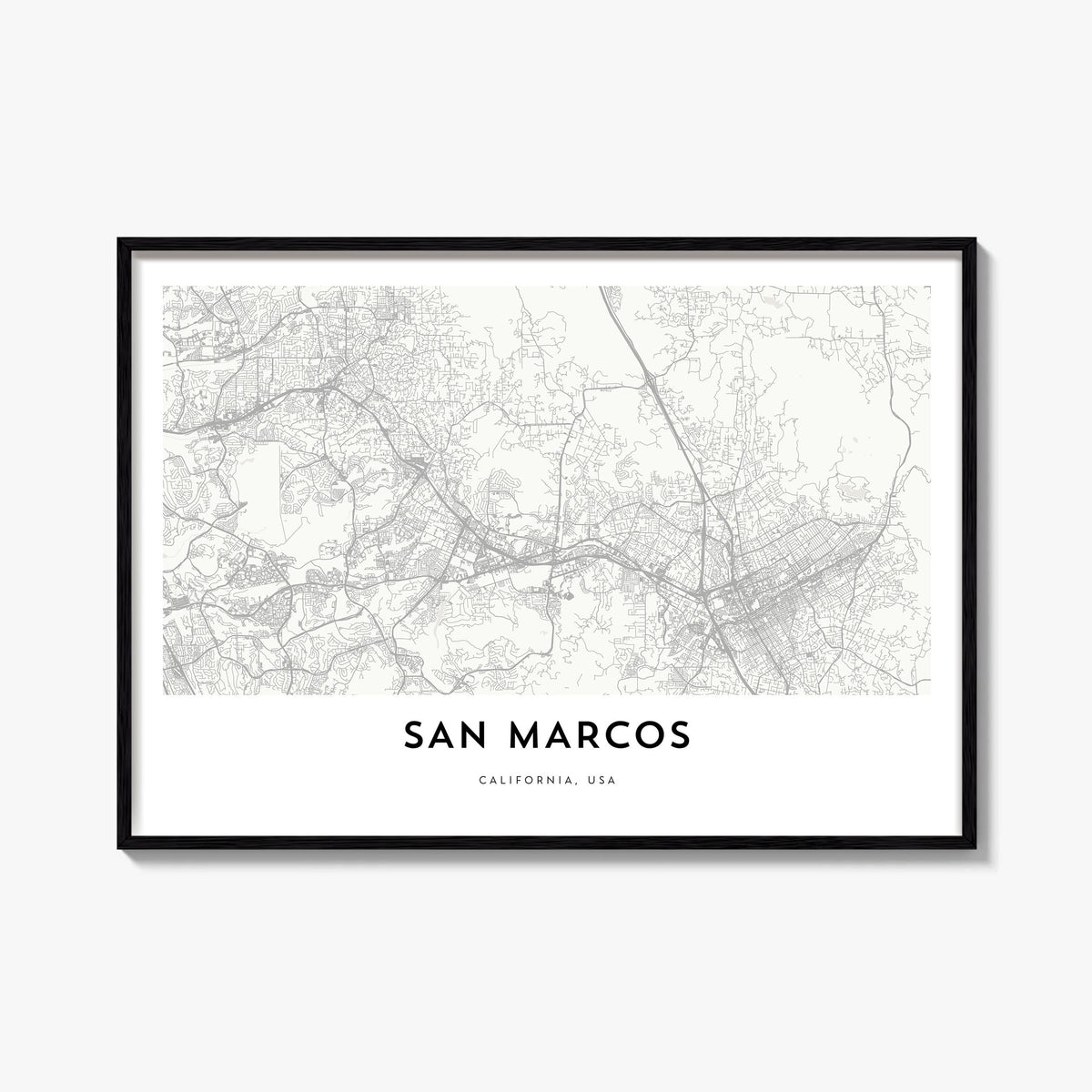 San Marcos black & white map poster of California, USA – horizontal wall art, unframed print shown in interior mockup