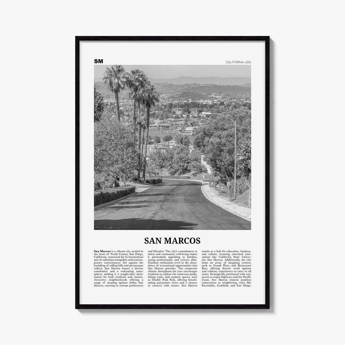 San Marcos no. 2 black & white newspaper poster of California, USA – vertical wall art, unframed print shown in interior mock