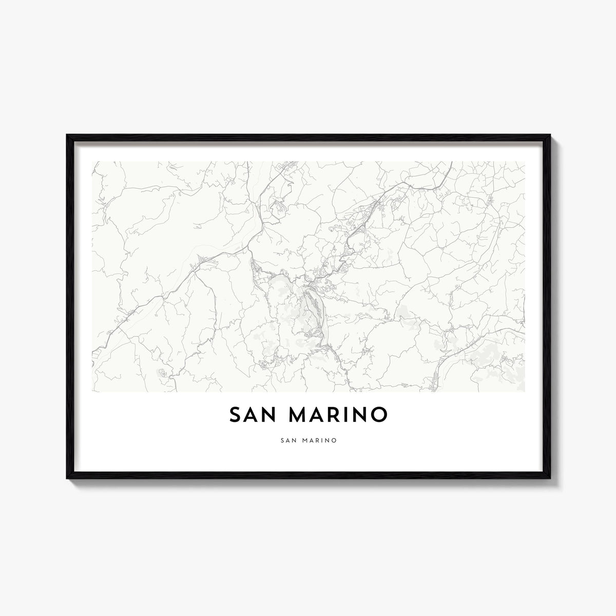 San Marino black & white map poster of Europe – horizontal wall art, unframed print shown in interior mockup