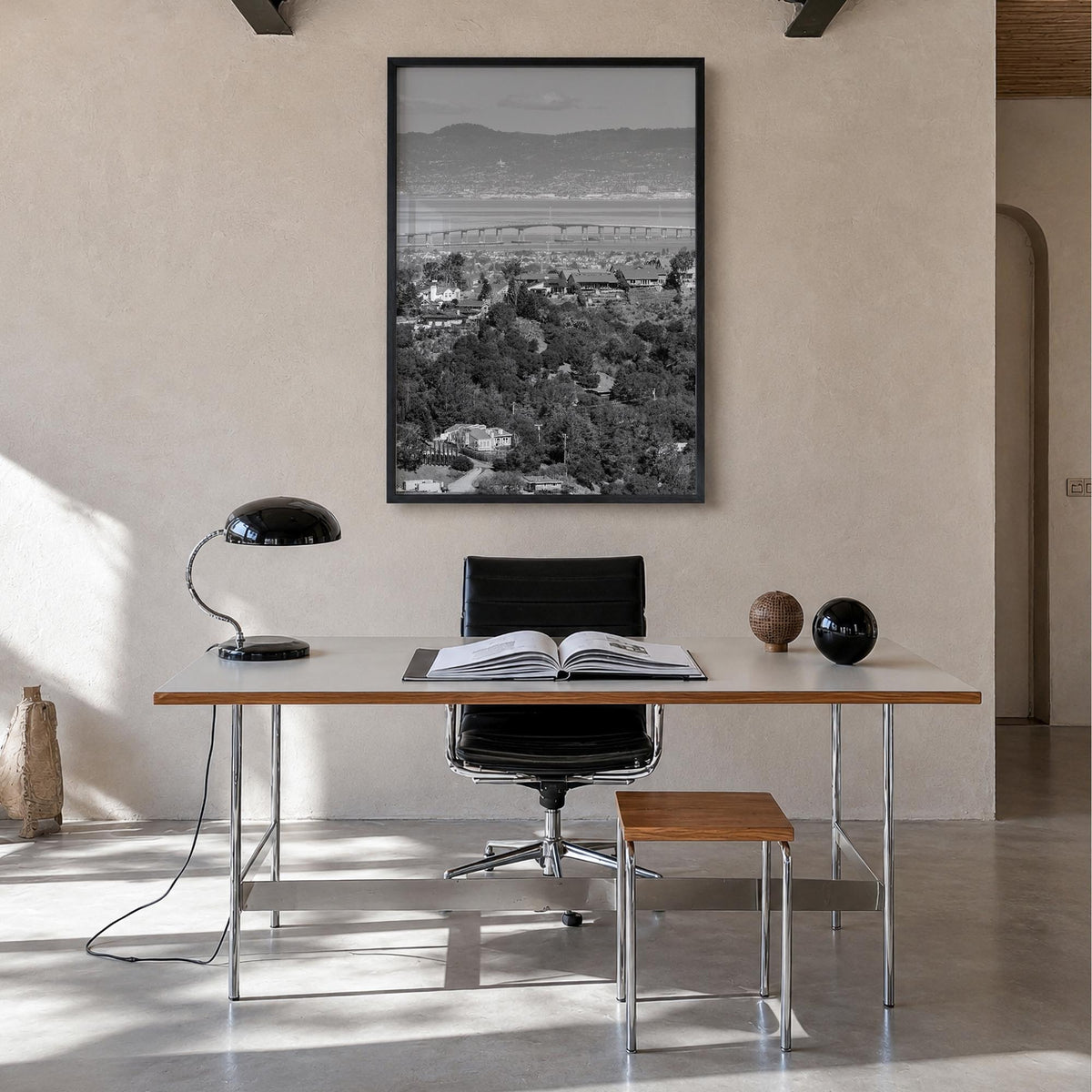 San Mateo black & white photo poster of California, USA – vertical wall art in black wood frame, hanging on wall