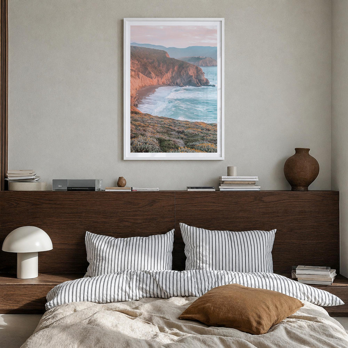 San Mateo colorful photo poster of California, USA – vertical wall art in white wood frame with white border, hanging on wall