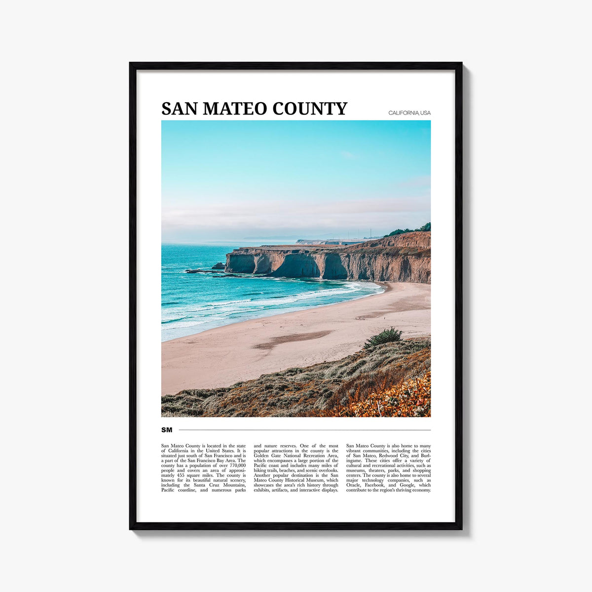 San Mateo County colorful travel poster of California, USA – vertical wall art, unframed print shown in interior mockup