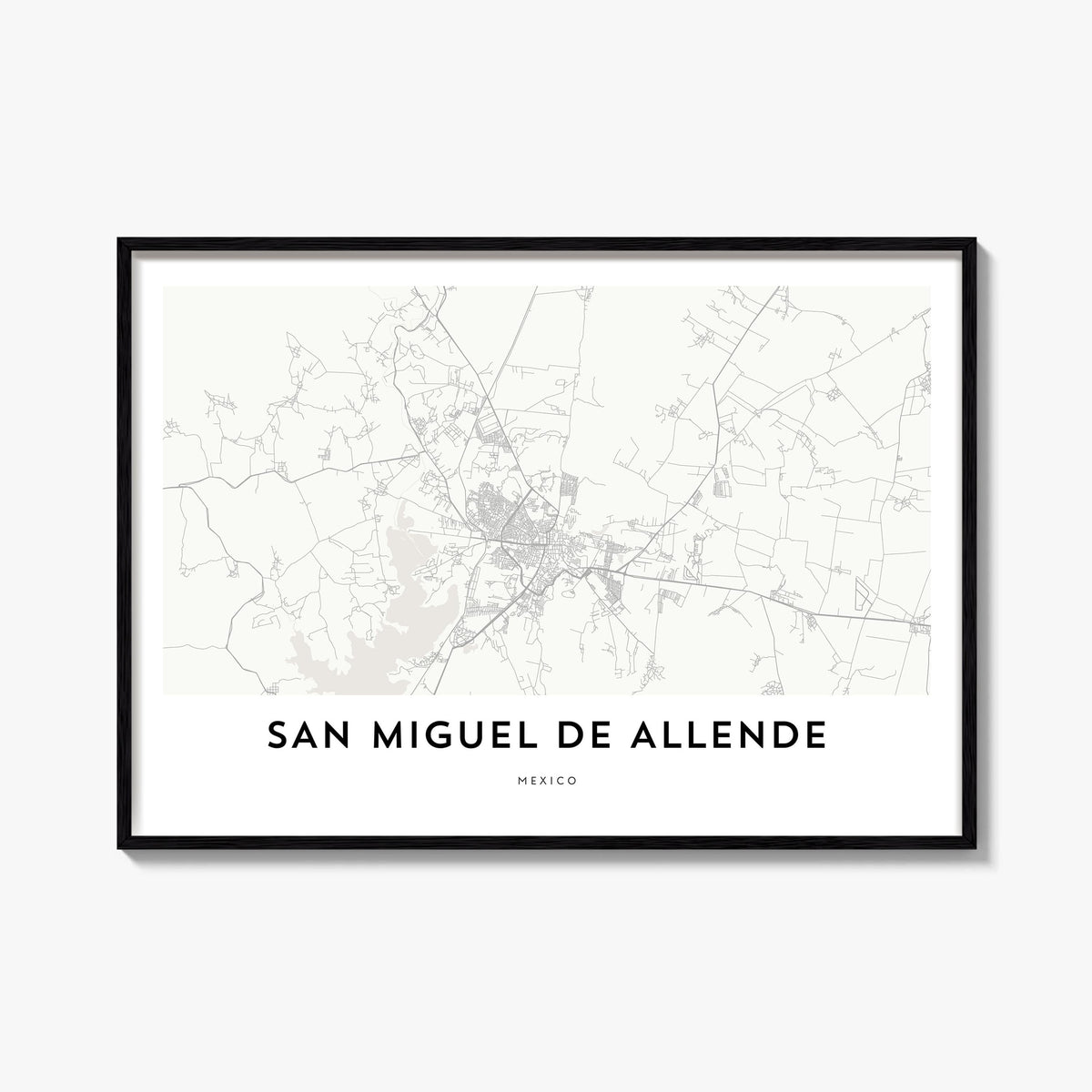 San Miguel de Allende black & white map poster of Mexico – horizontal wall art, unframed print shown in interior mockup