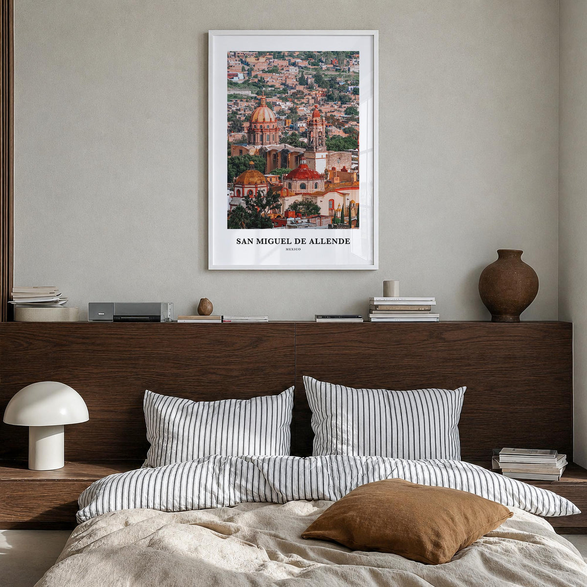 San Miguel de Allende colorful classic poster of Mexico – vertical wall art in white wood frame, hanging on wall