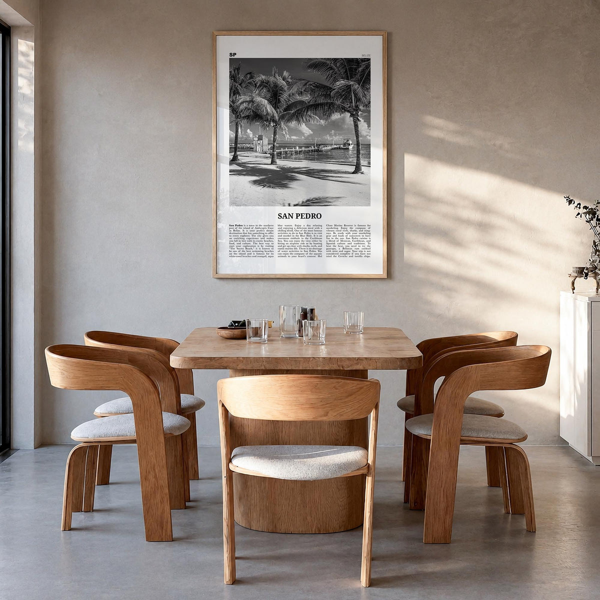 San Pedro, Belize black & white newspaper poster of Belize – vertical wall art in natural wood frame, hanging on wall