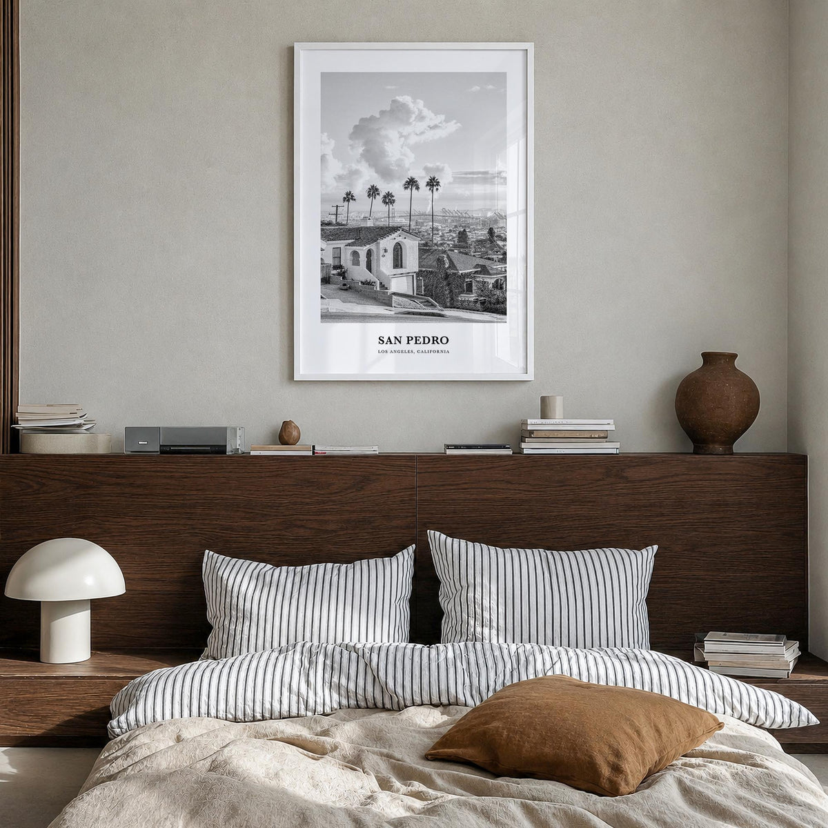 San Pedro, California no. 2 black & white classic poster of California, USA – vertical wall art in white wood frame, hanging