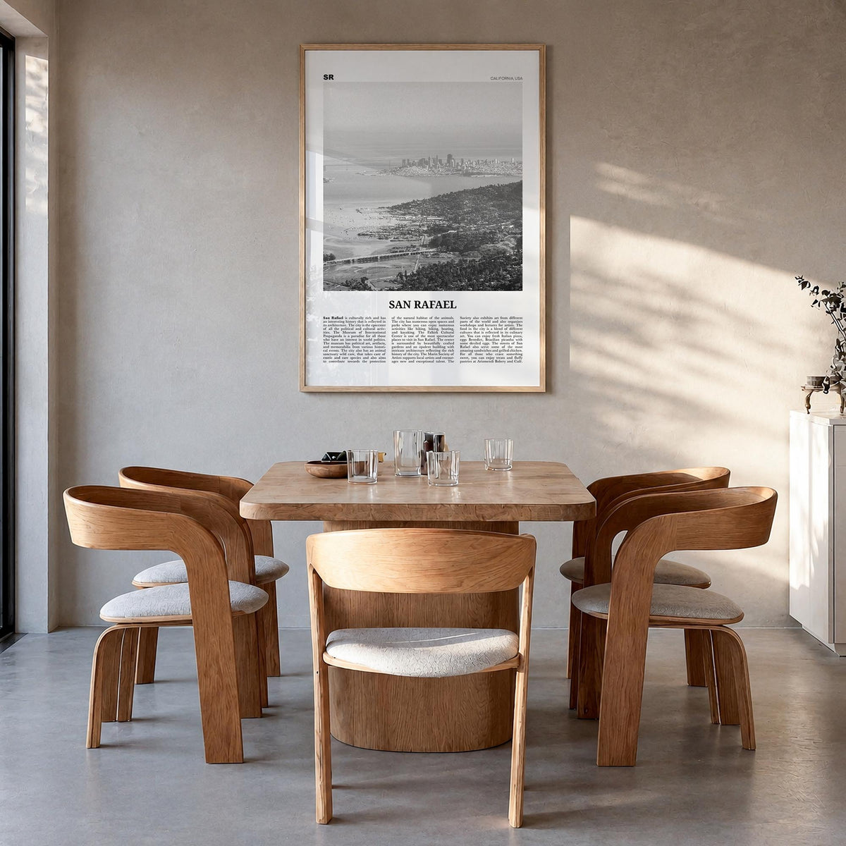 San Rafael black & white newspaper poster of Argentina – vertical wall art in natural wood frame, hanging on wall