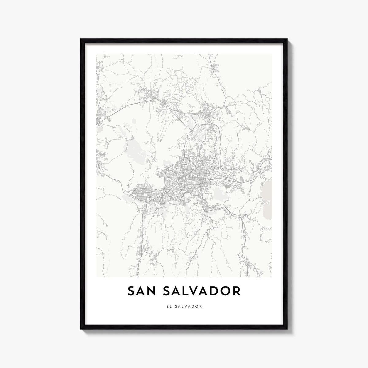 San Salvador black & white map poster of El Salvador – vertical wall art, unframed print shown in interior mockup
