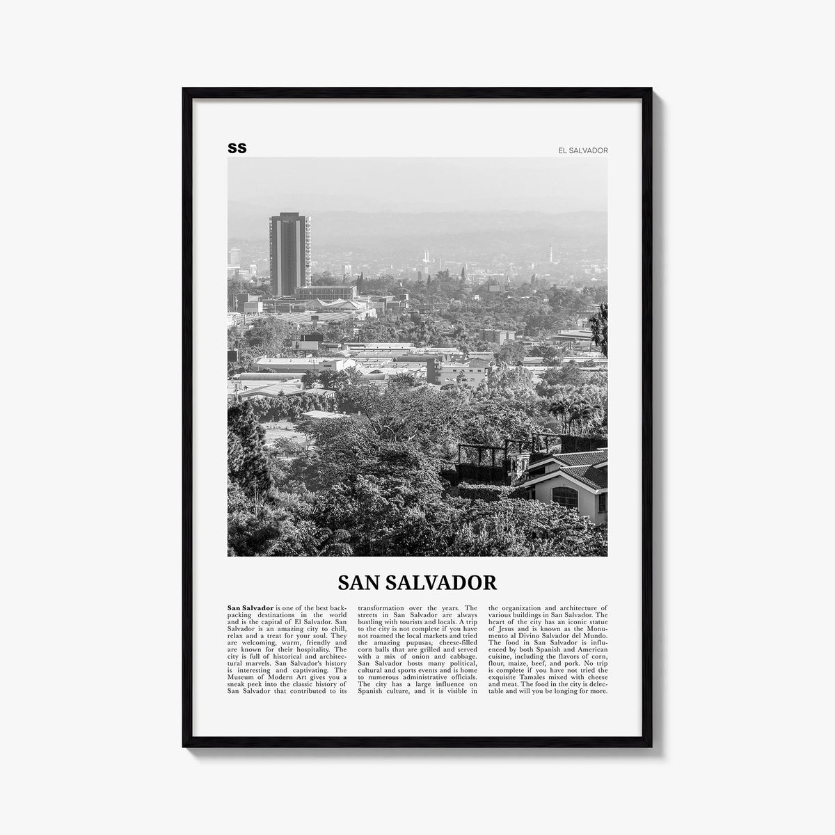 San Salvador black & white newspaper poster of El Salvador – vertical wall art, unframed print shown in interior mockup