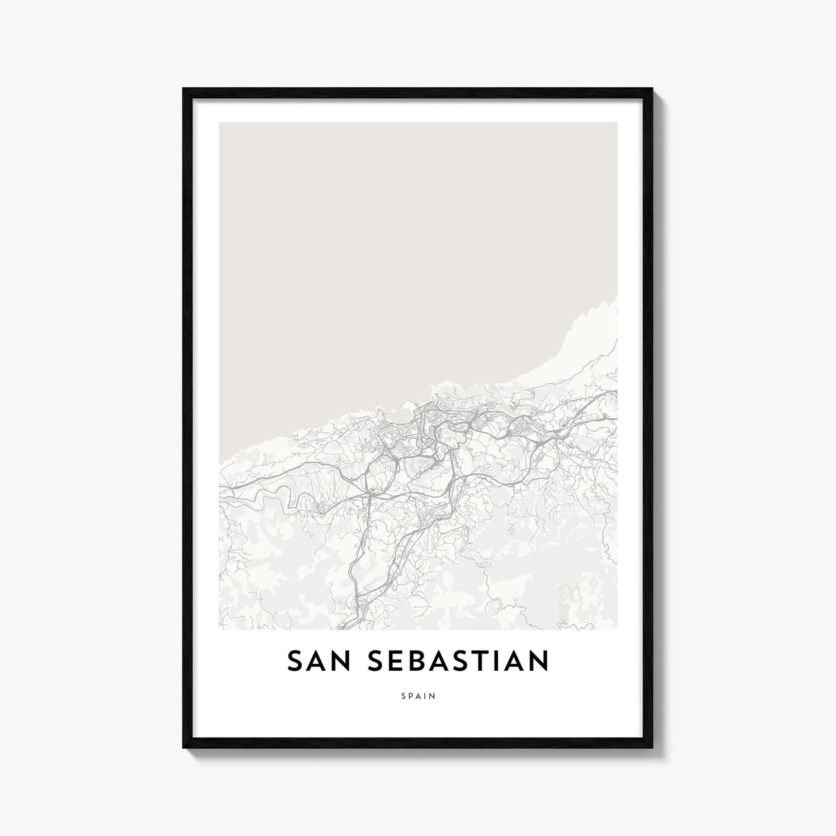 San Sebastián no. 2 black & white map poster of Spain – vertical wall art, unframed print shown in interior mockup