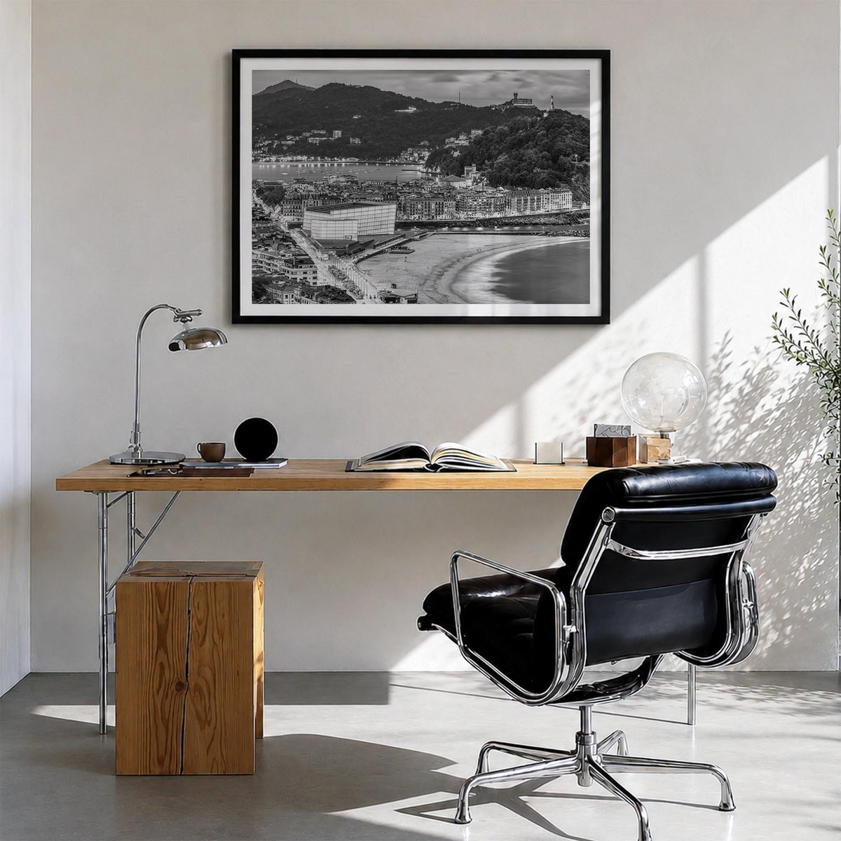 San Sebastián black & white photo poster of Spain – horizontal wall art in black wood frame with white border, hanging on wal
