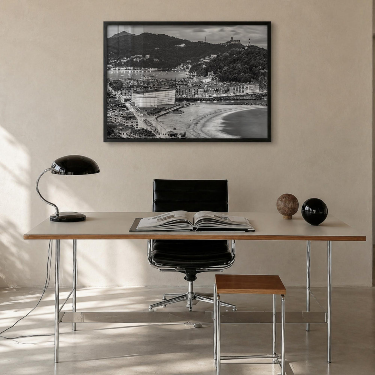 San Sebastián black & white photo poster of Spain – horizontal wall art in black wood frame, hanging on wall
