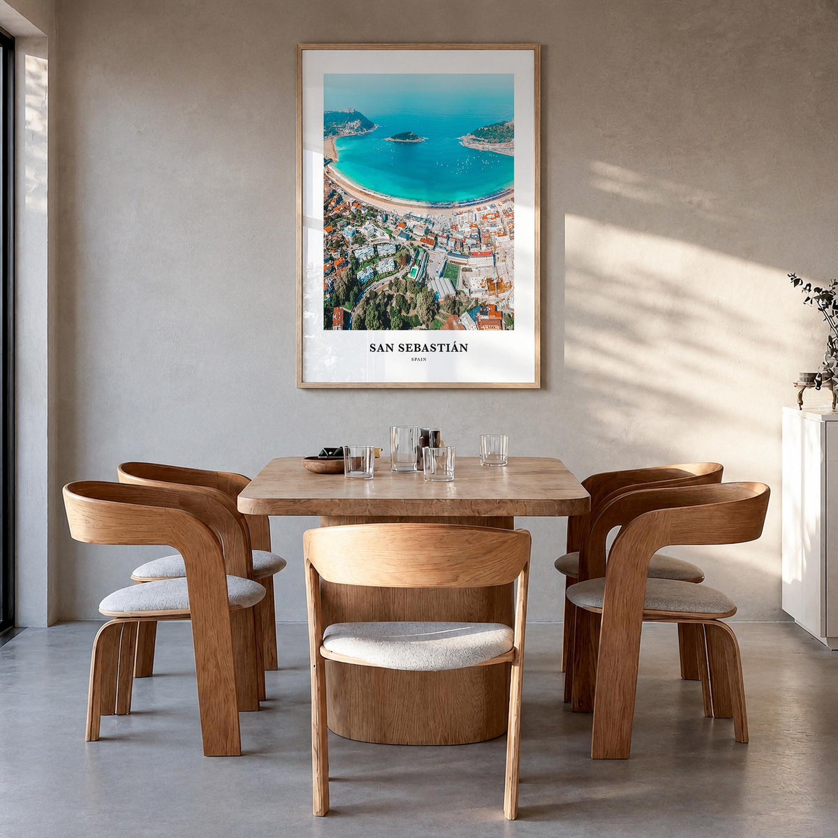 San Sebastián colorful classic poster of Spain – vertical wall art in natural wood frame, hanging on wall
