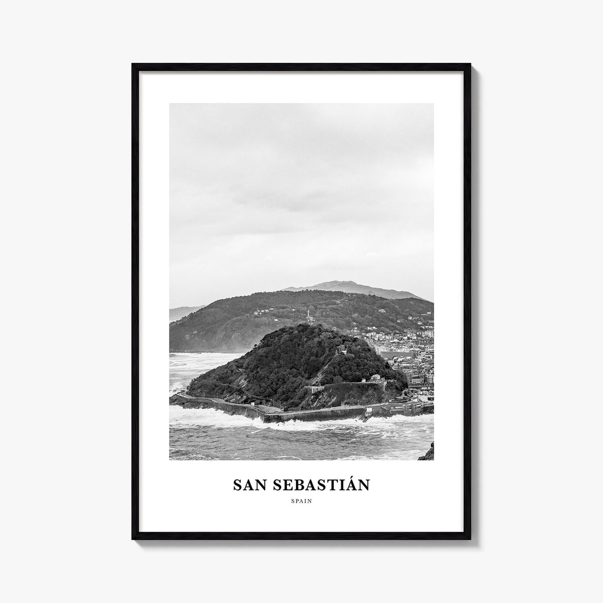San Sebastián no. 2 black & white classic poster of Spain – vertical wall art, unframed print shown in interior mockup