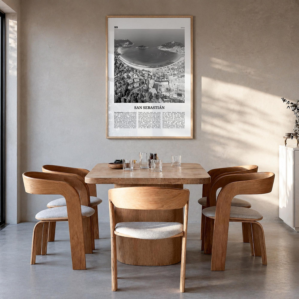 San Sebastián no. 2 black & white newspaper poster of Spain – vertical wall art in natural wood frame, hanging on wall