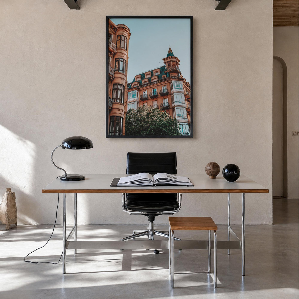 San Sebastián no. 2 colorful photo poster of Spain – vertical wall art in black wood frame, hanging on wall