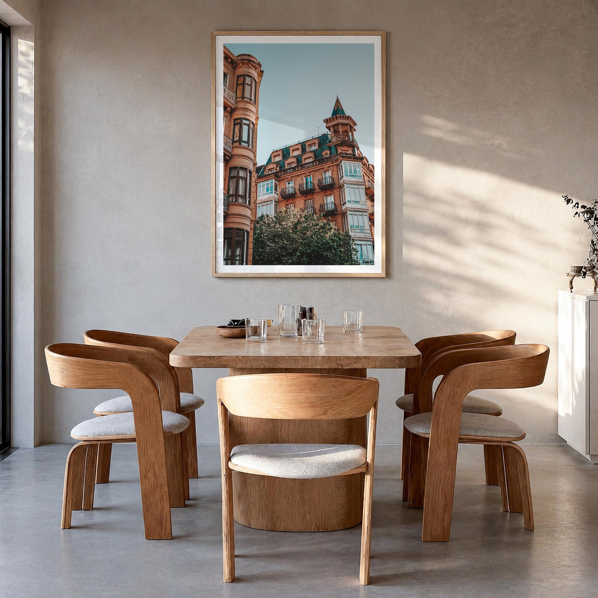 San Sebastián no. 2 colorful photo poster of Spain – vertical wall art in natural wood frame with white border, hanging on wa