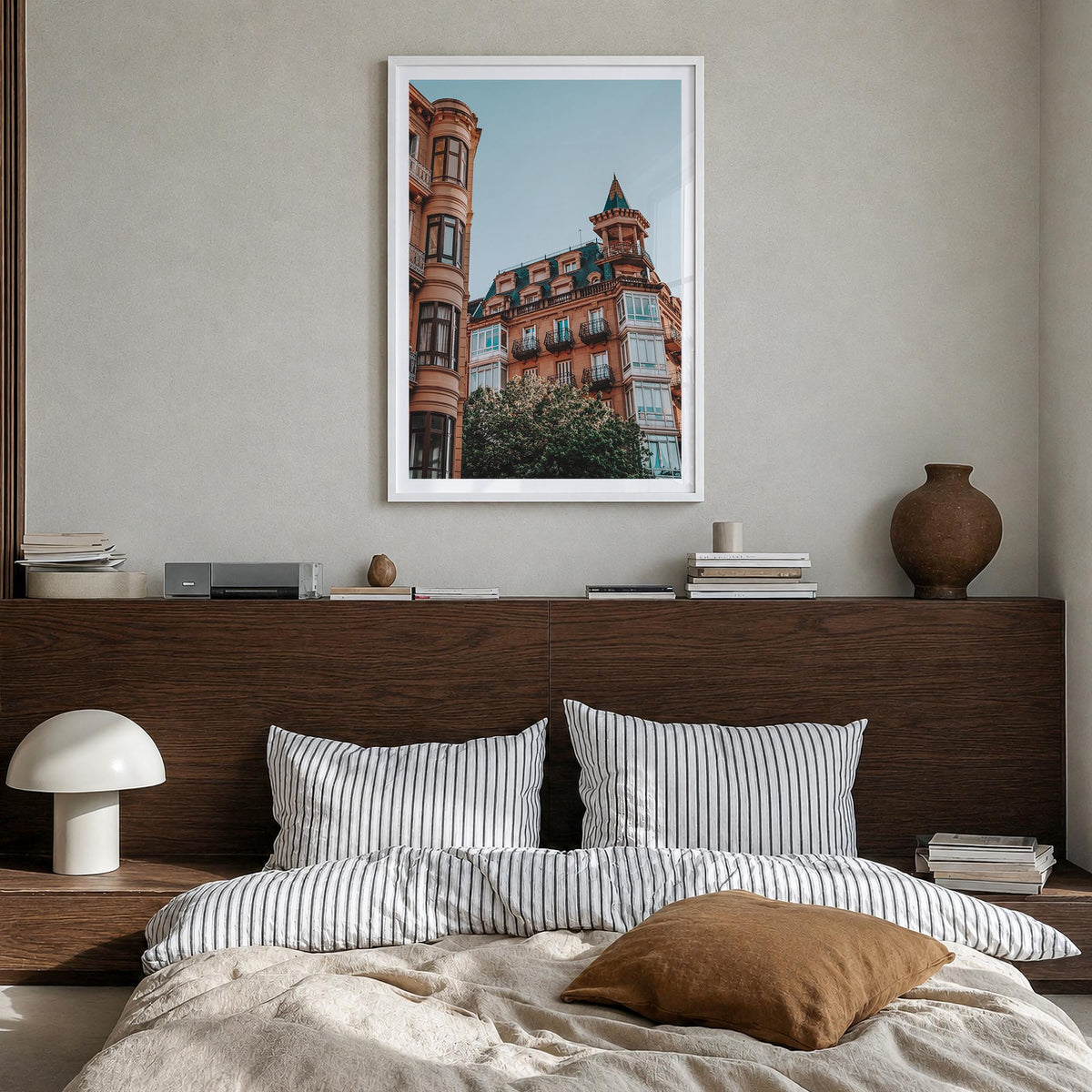 San Sebastián no. 2 colorful photo poster of Spain – vertical wall art in white wood frame with white border, hanging on wall