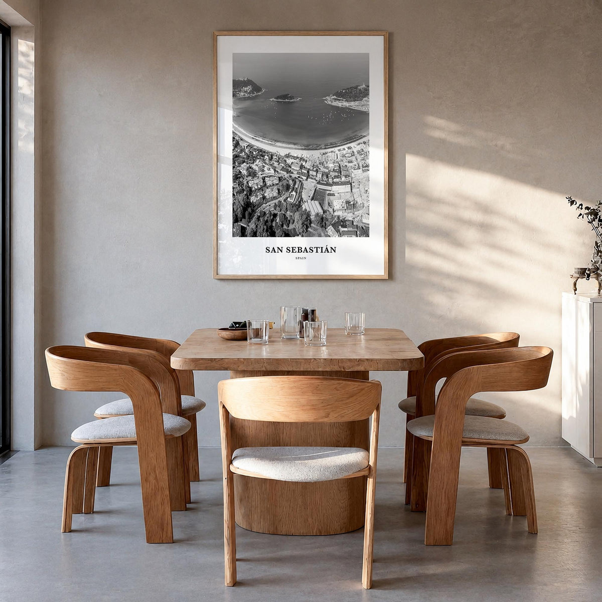 San Sebastián no. 3 black & white classic poster of Spain – vertical wall art in natural wood frame, hanging on wall