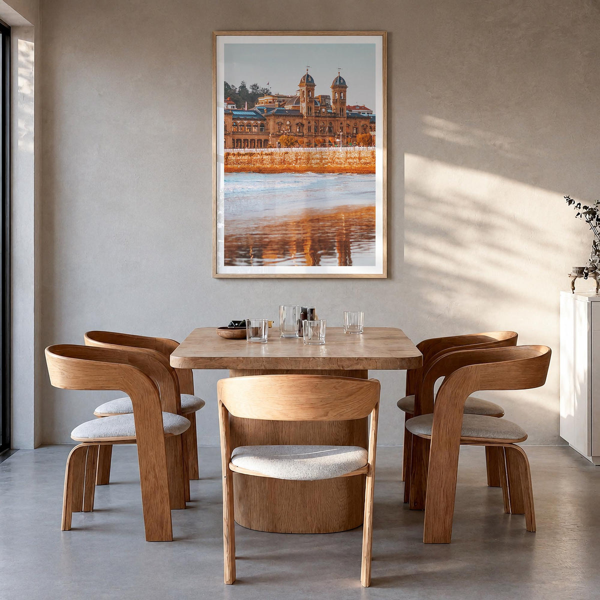 San Sebastián no. 1 colorful photo poster of Spain – vertical wall art in natural wood frame with white border, hanging on wa