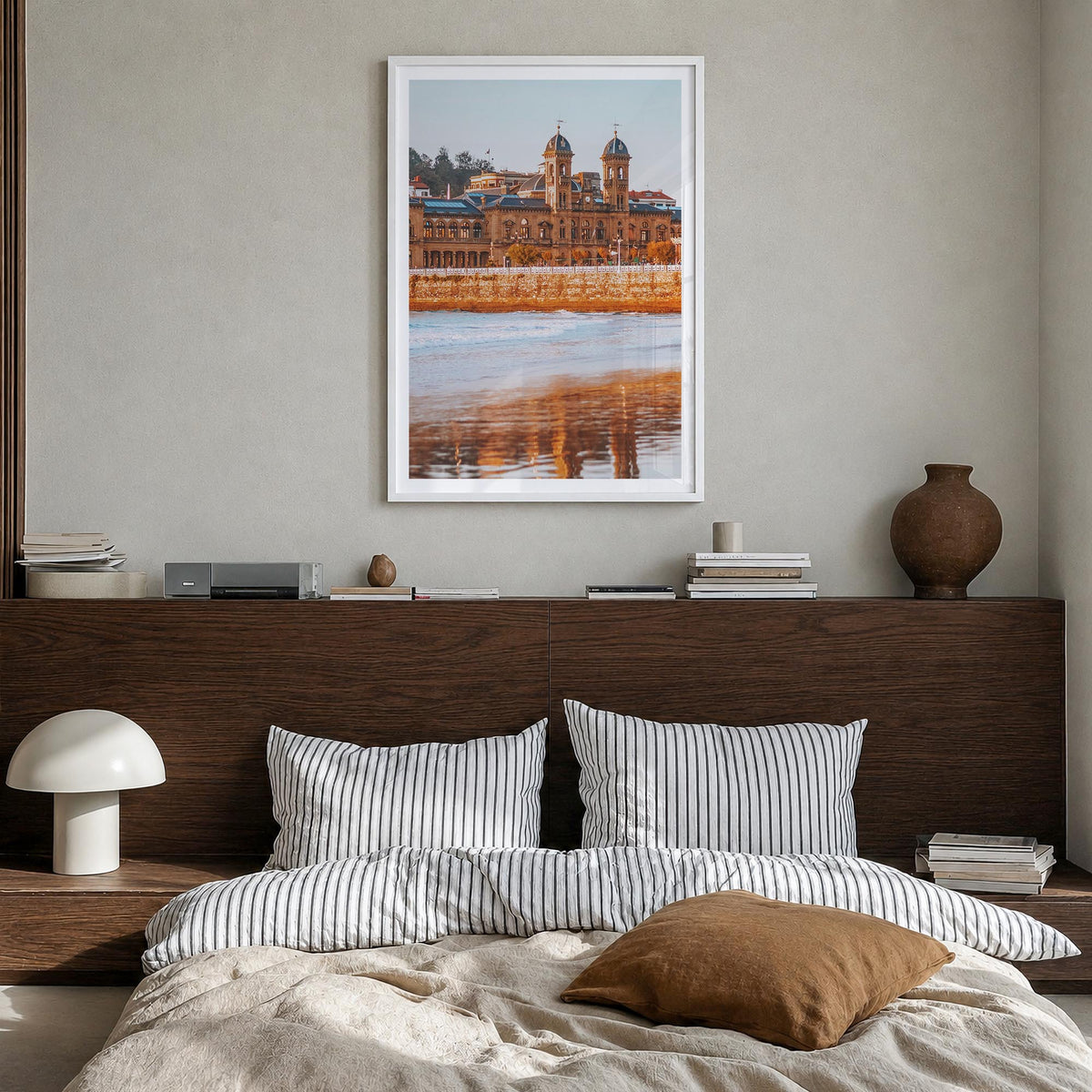 San Sebastián no. 1 colorful photo poster of Spain – vertical wall art in white wood frame with white border, hanging on wall