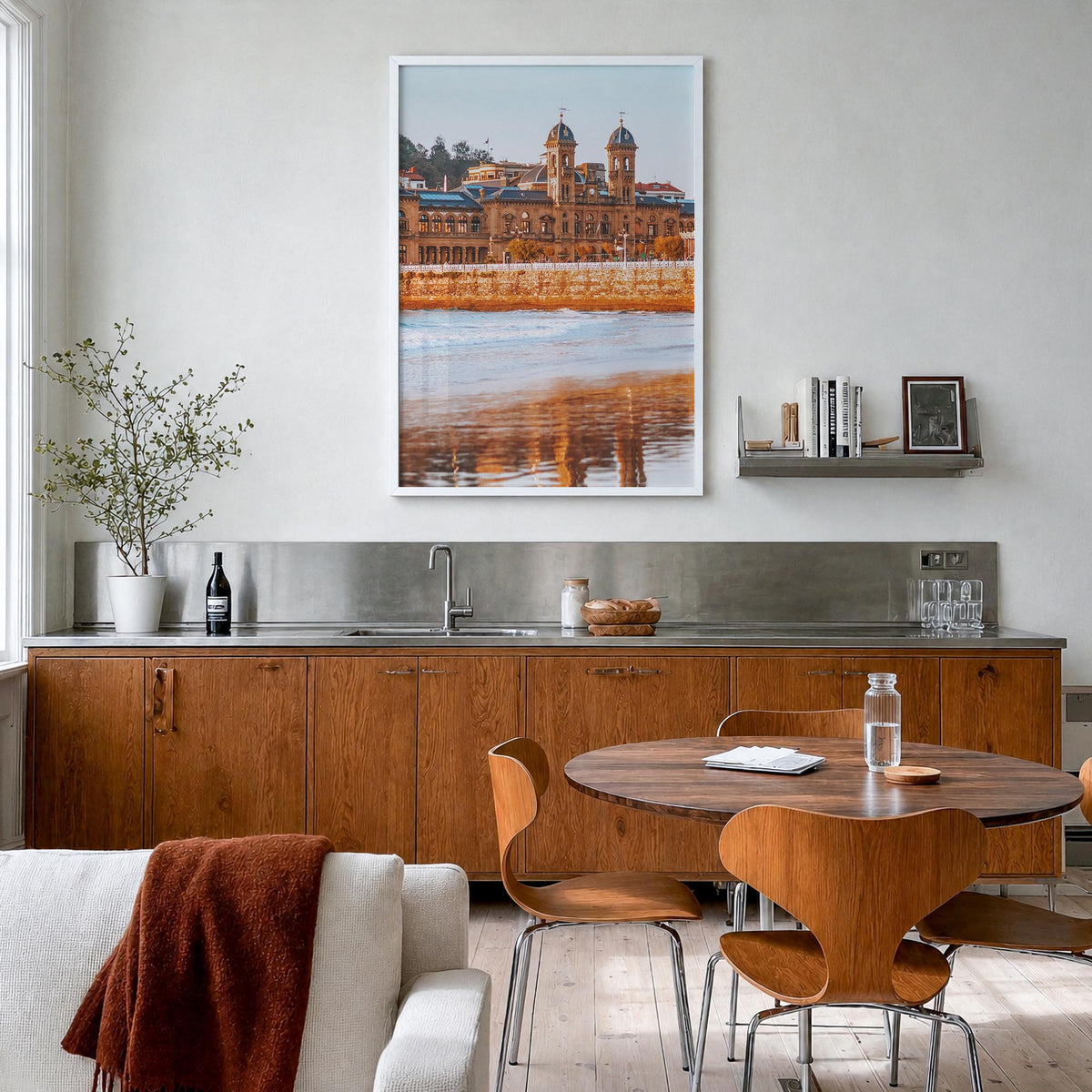 San Sebastián no. 1 colorful photo poster of Spain – vertical wall art in white wood frame, hanging on wall