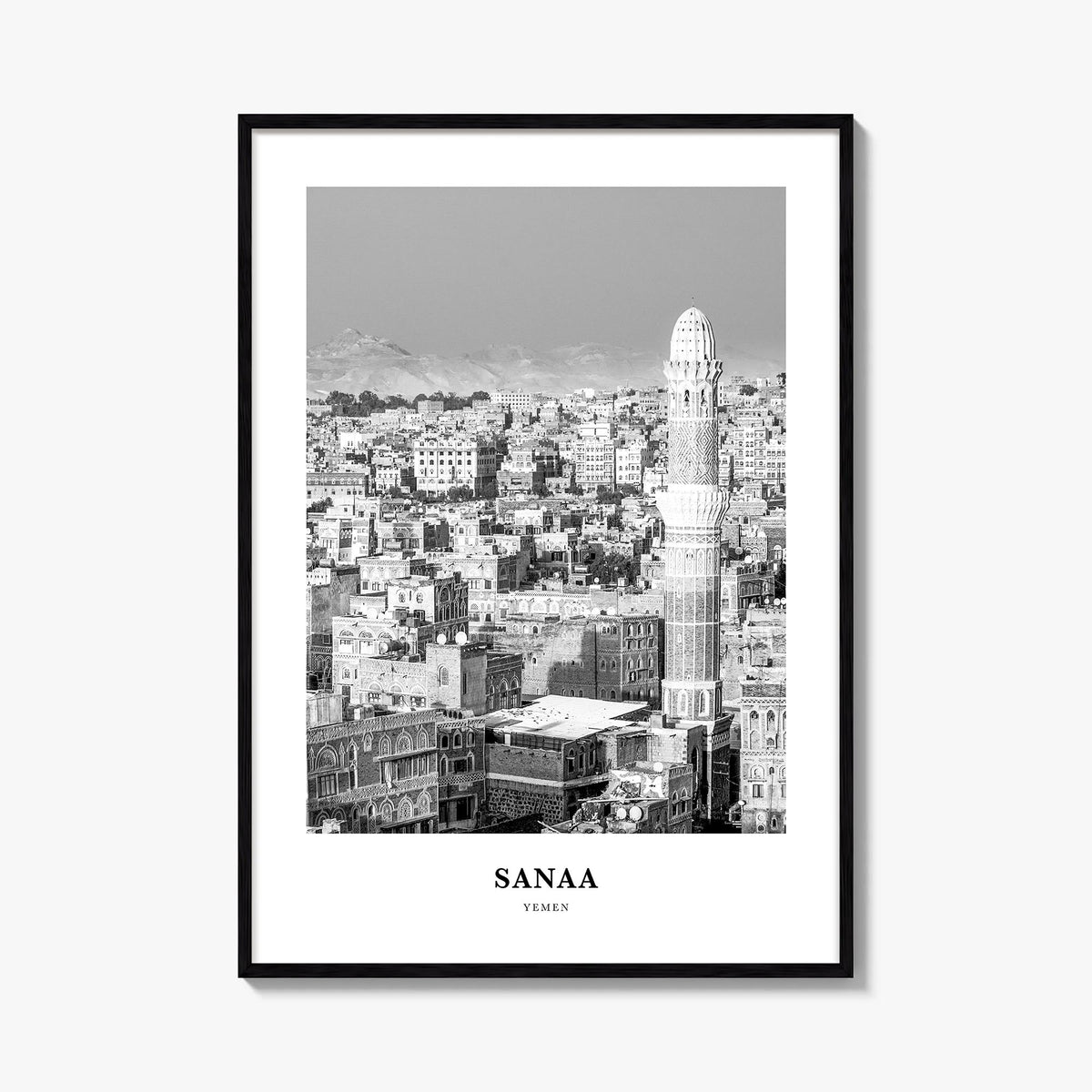 Sana'a black & white classic poster of Yemen – vertical wall art, unframed print shown in interior mockup