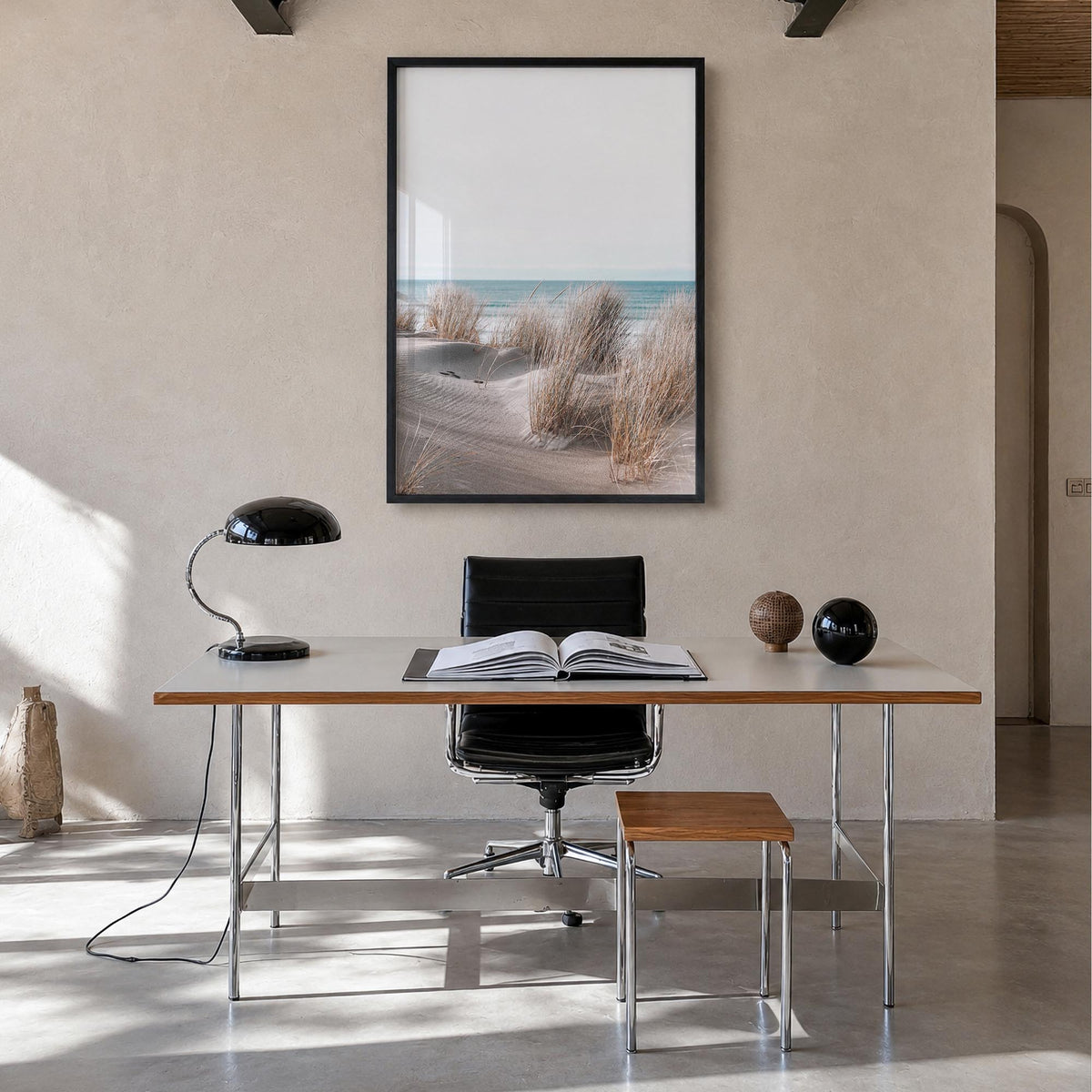 Sandy Beach no. 1 colorful photo poster – vertical wall art in black wood frame, hanging on wall
