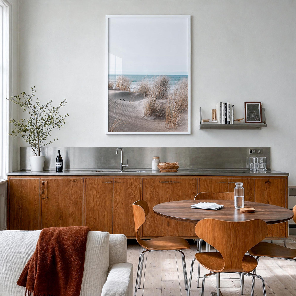 Sandy Beach no. 1 colorful photo poster – vertical wall art in white wood frame, hanging on wall