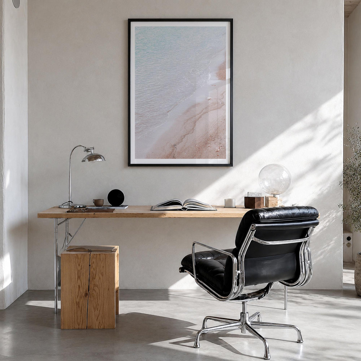 Sandy Beach no. 2 colorful photo poster – vertical wall art in black wood frame with white border, hanging on wall