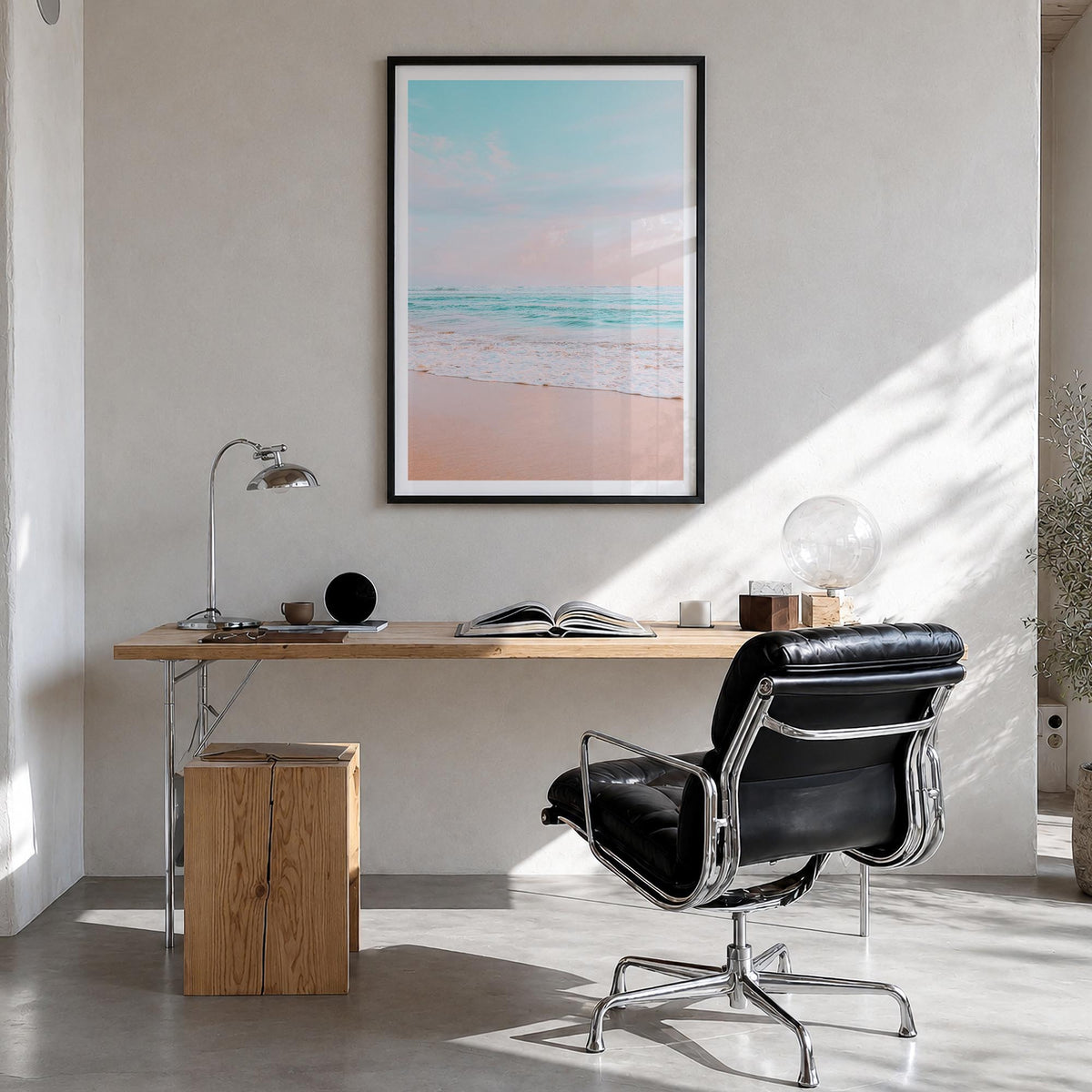 Sandy Beach no. 3 colorful photo poster – vertical wall art in black wood frame with white border, hanging on wall