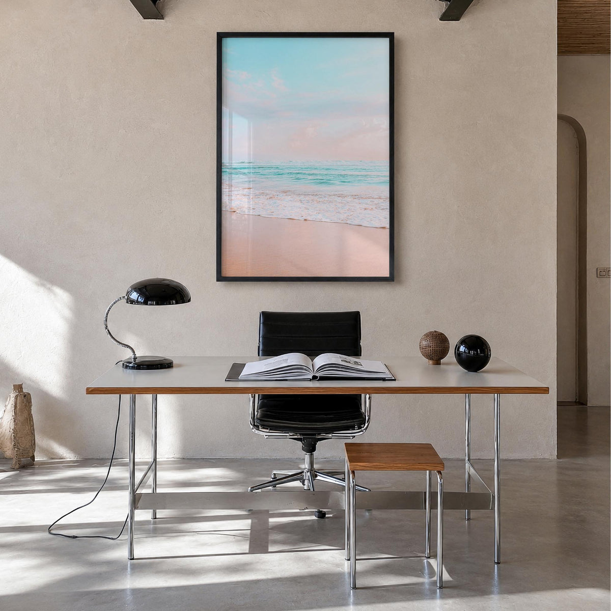 Sandy Beach no. 3 colorful photo poster – vertical wall art in black wood frame, hanging on wall