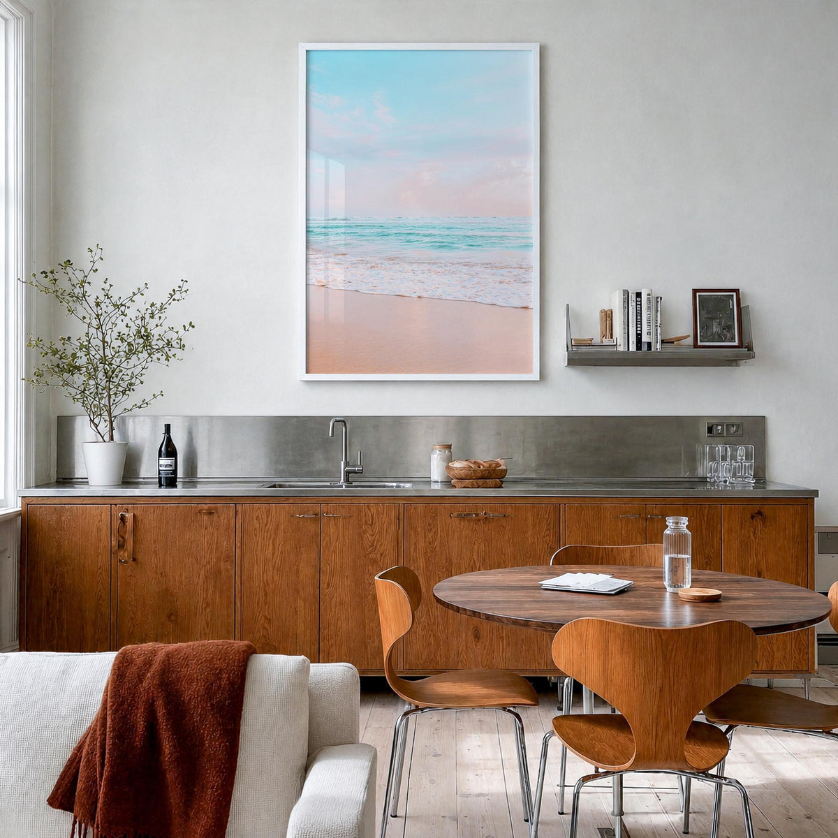 Sandy Beach no. 3 colorful photo poster – vertical wall art in white wood frame, hanging on wall