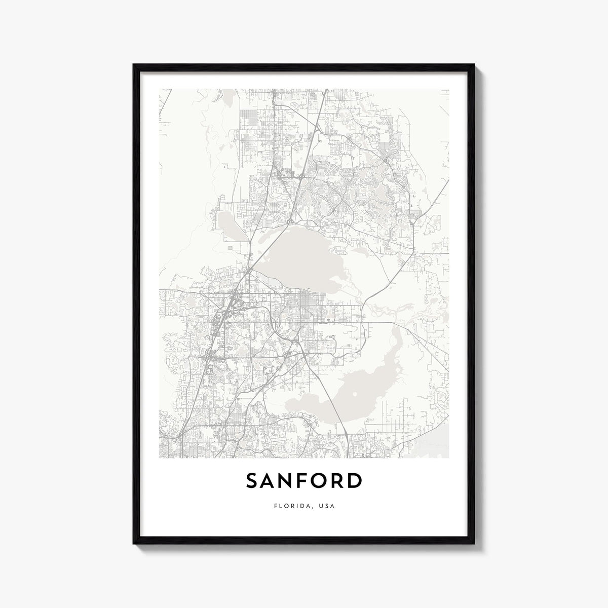 Sanford black & white map poster of Florida, USA – vertical wall art, unframed print shown in interior mockup