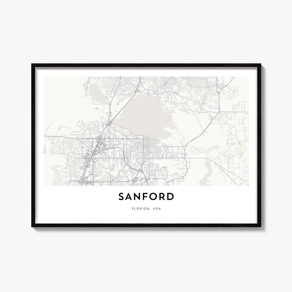 Sanford black & white map poster of Florida, USA – horizontal wall art, unframed print shown in interior mockup