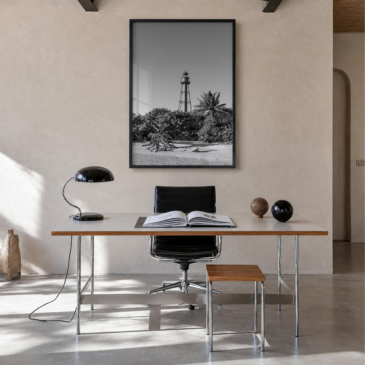 Sanibel black & white photo poster of Florida, USA – vertical wall art in black wood frame, hanging on wall