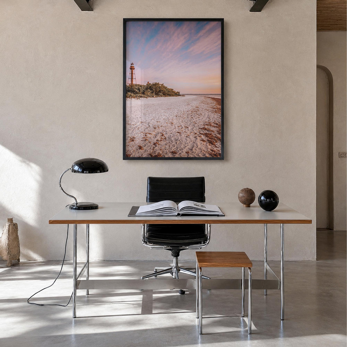 Sanibel colorful photo poster of Florida, USA – vertical wall art in black wood frame, hanging on wall