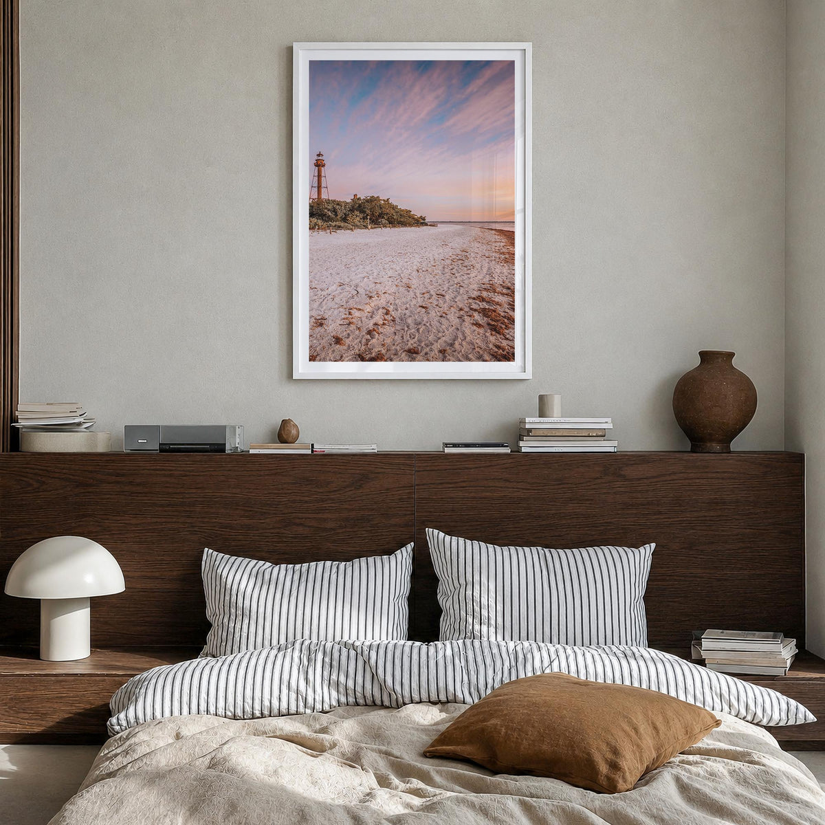 Sanibel colorful photo poster of Florida, USA – vertical wall art in white wood frame with white border, hanging on wall