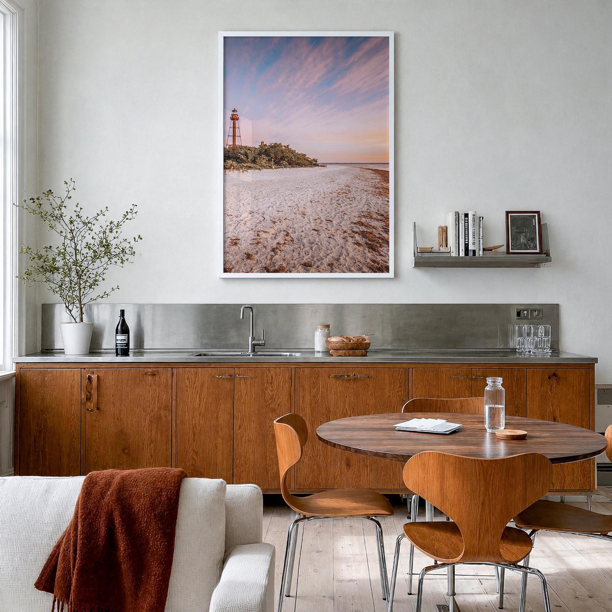 Sanibel colorful photo poster of Florida, USA – vertical wall art in white wood frame, hanging on wall