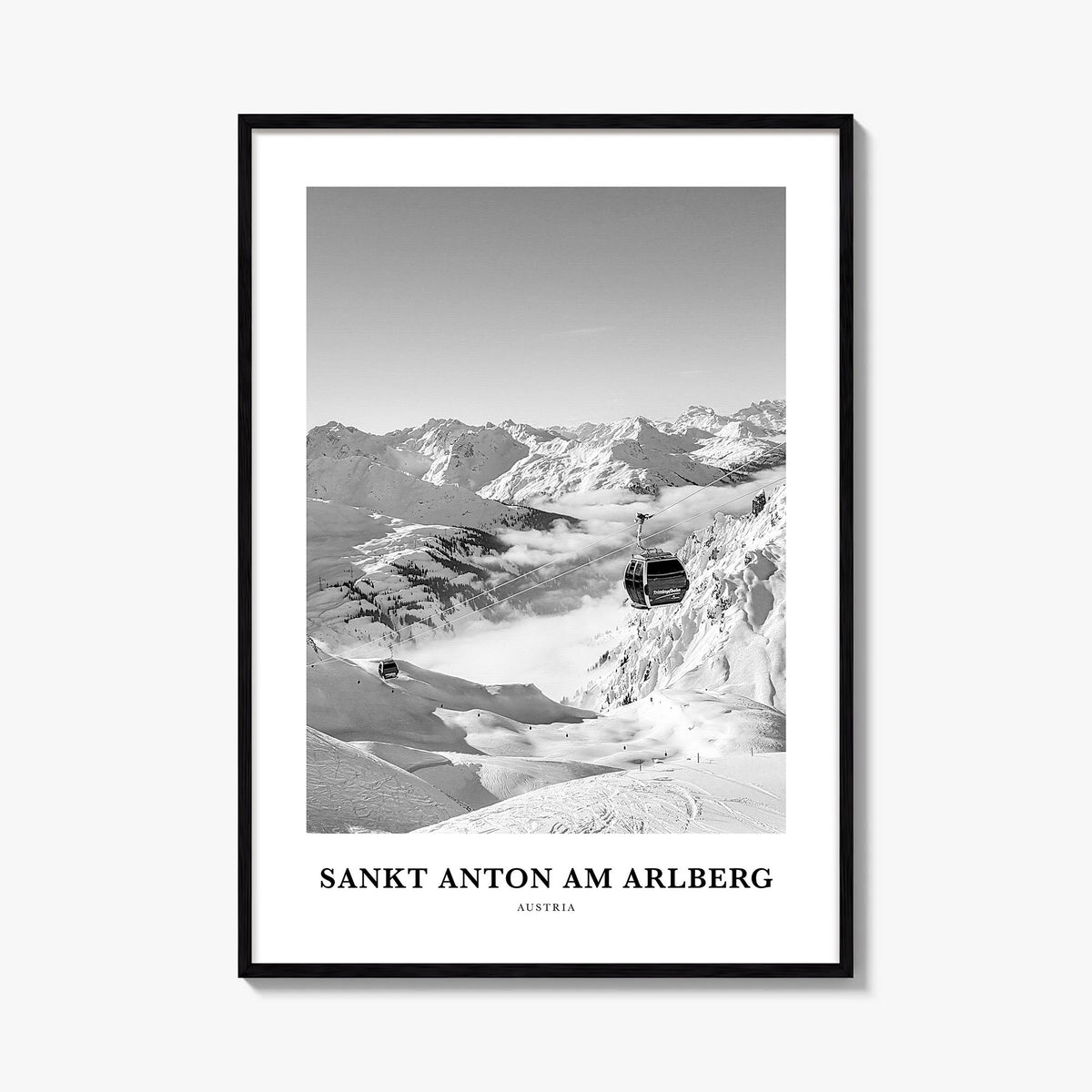 Sankt Anton am Arlberg black & white classic poster of Austria – vertical wall art, unframed print shown in interior mockup