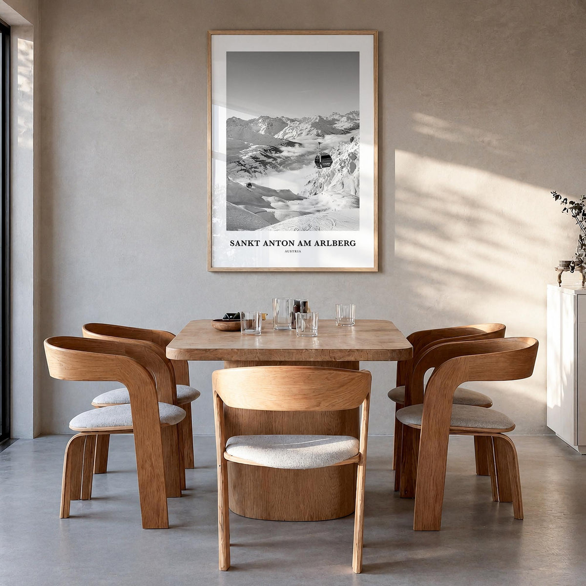 Sankt Anton am Arlberg black & white classic poster of Austria – vertical wall art in natural wood frame, hanging on wall