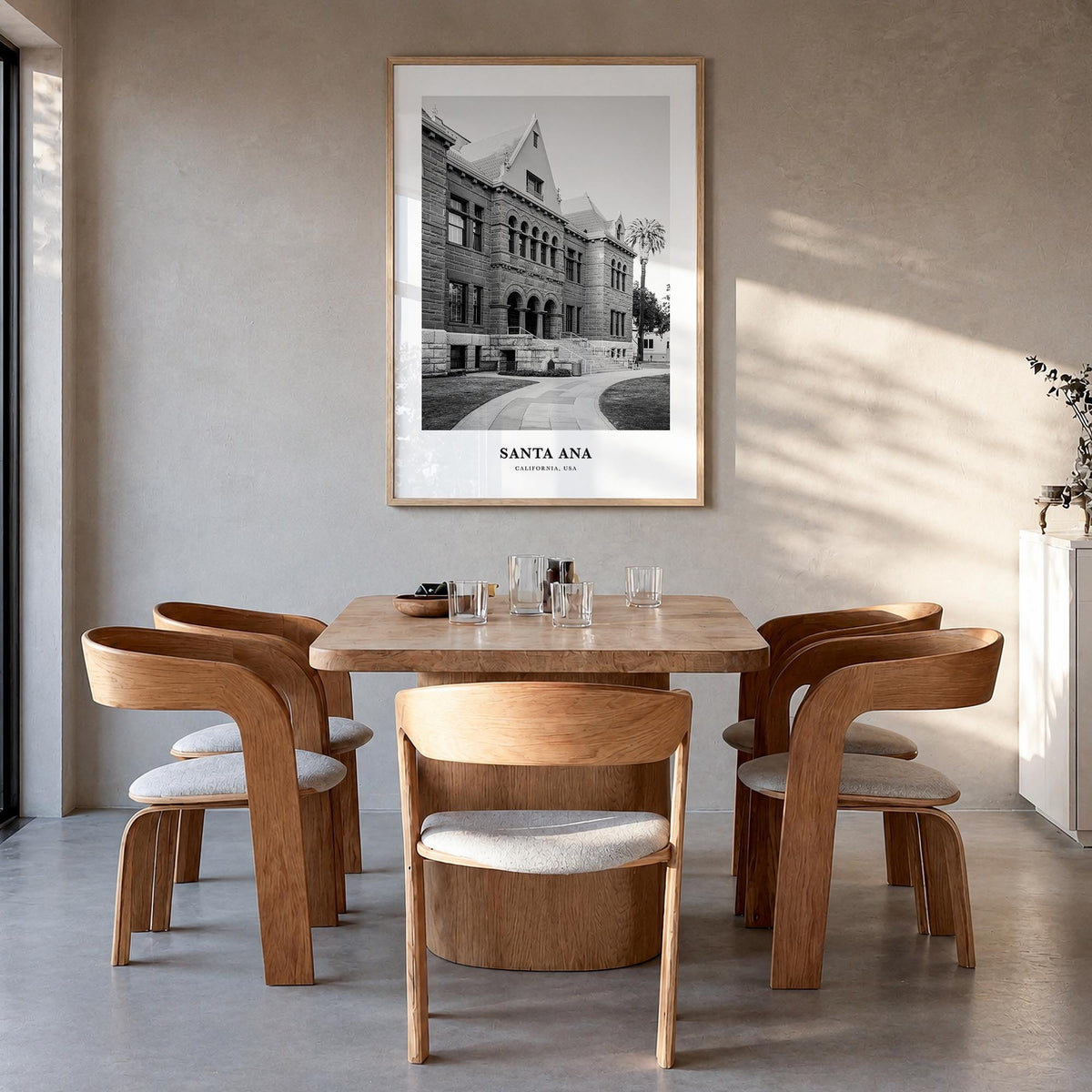 Santa Ana black & white classic poster of California, USA – vertical wall art in natural wood frame, hanging on wall