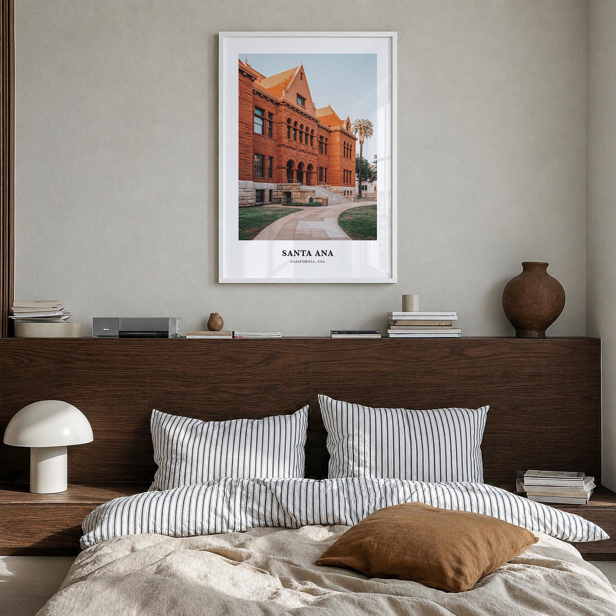 Santa Ana colorful classic poster of California, USA – vertical wall art in white wood frame, hanging on wall
