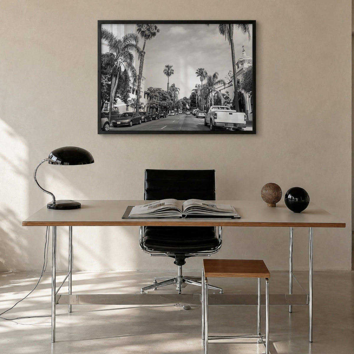 Santa Barbara black & white photo poster of California, USA – horizontal wall art in black wood frame, hanging on wall